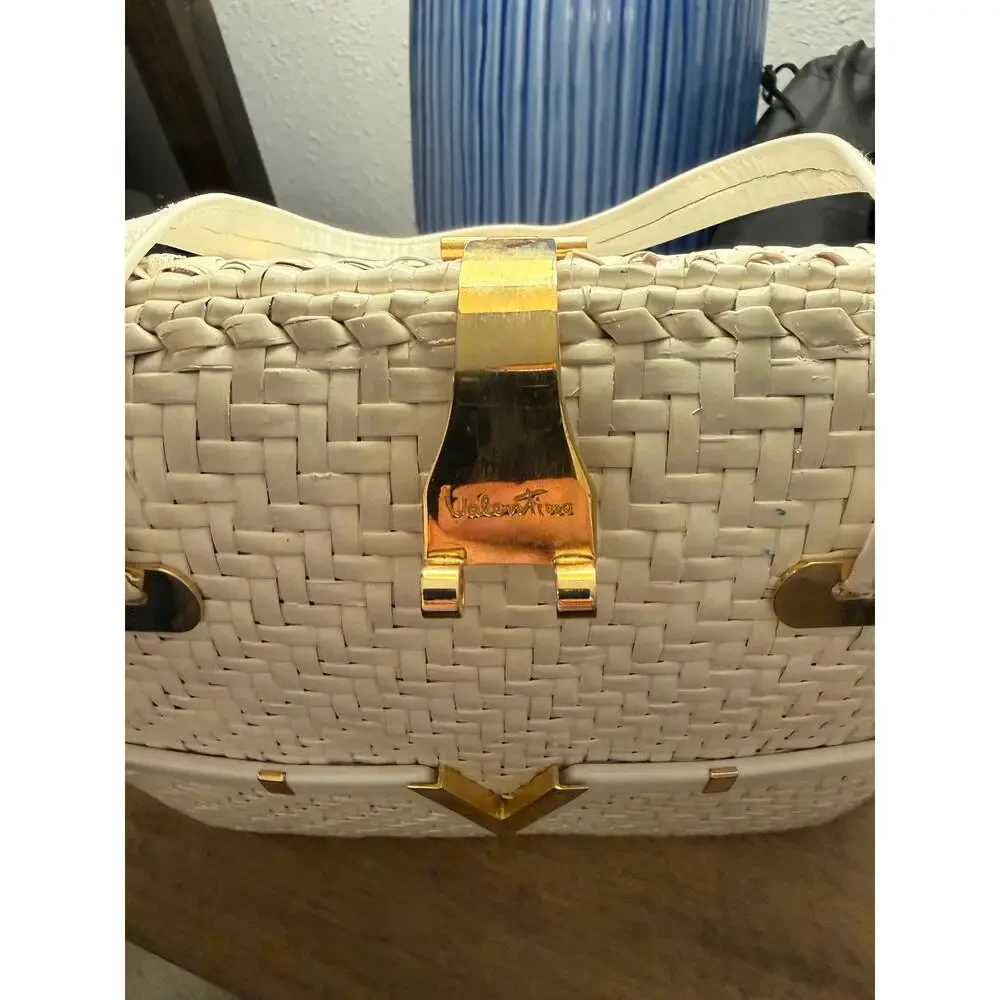Vintage Mario Valentino White Woven Handbag Made in Italy Gold V Hardware